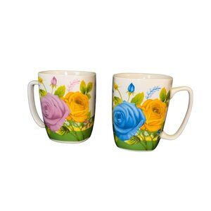 Set Of 2 Floral Ceramic Mugs With Blue & Yellow Rose Design